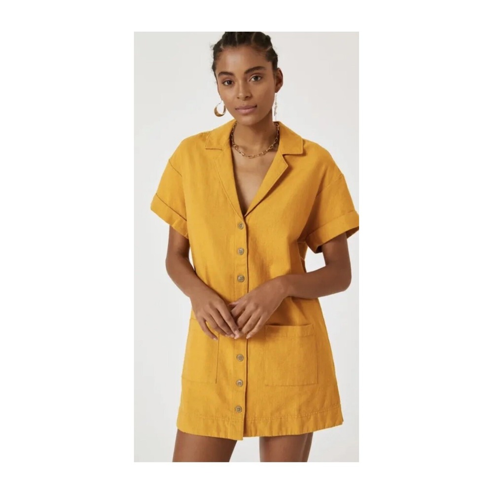 Anthropologie Pilcro Button Down Shirt Dress Gold Pocket Short Sleeve M New